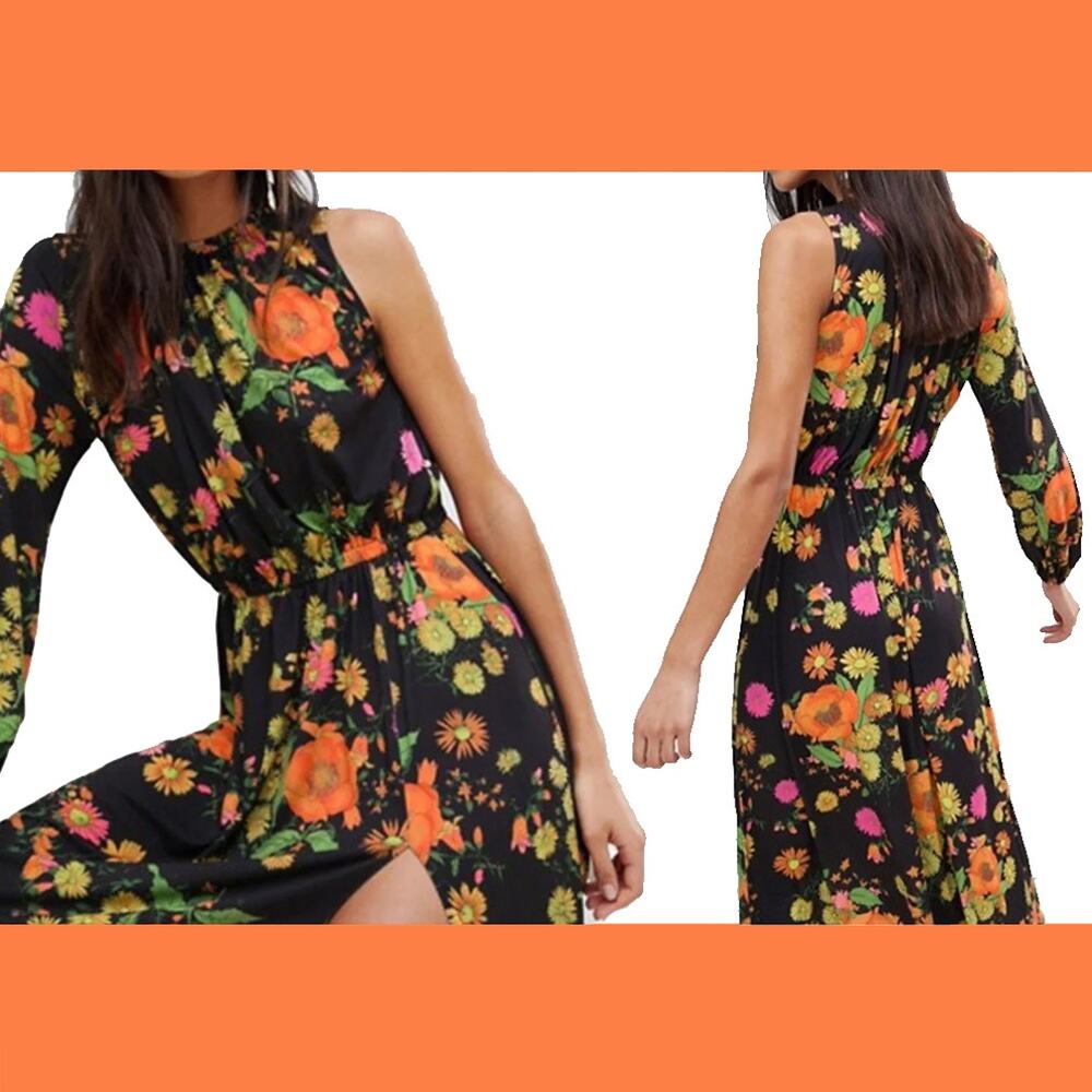 ASOS Womens 6 One Shoulder Balloon Sleeve Midi Dress Floral Print Garden
